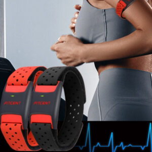 Bluetooth ANT+ heart rate arm band on runner's arm during workout