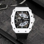 Multifunctional men’s watch with dual analog digital displays and barrel-shaped case