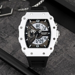 Multifunctional men’s watch with dual analog digital displays and barrel-shaped case